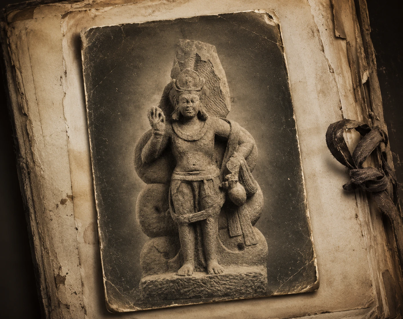 Ancienne photographie d’une sculpture de Nagaraja placée dans un dossier aux pages vieillies.